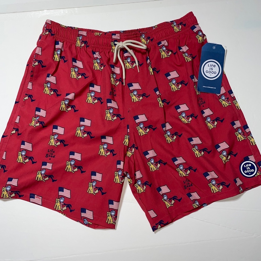 Life Is Good Men's Board Beach Shorts Red Combo Size L Americana